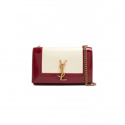 YSL KATE TWO-TONED SMALL MONOGRAM SATCHEL OFF WHITE OXBLOOD RED 742580AAB4D9293 (20*13.5*6cm)